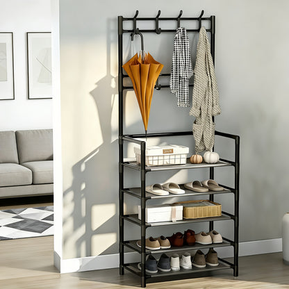 Porte-chaussures de Rangement - Porte-manteau Gain de Place, Porte-chaussures à 5 Niveaux avec 8 Crochets, Structure Robuste en Métal/Plastique Doré, Conception Autoportante ou Murale pour Maison, Bureau et Magasin - Convient pour Ranger Chaussures, Mante