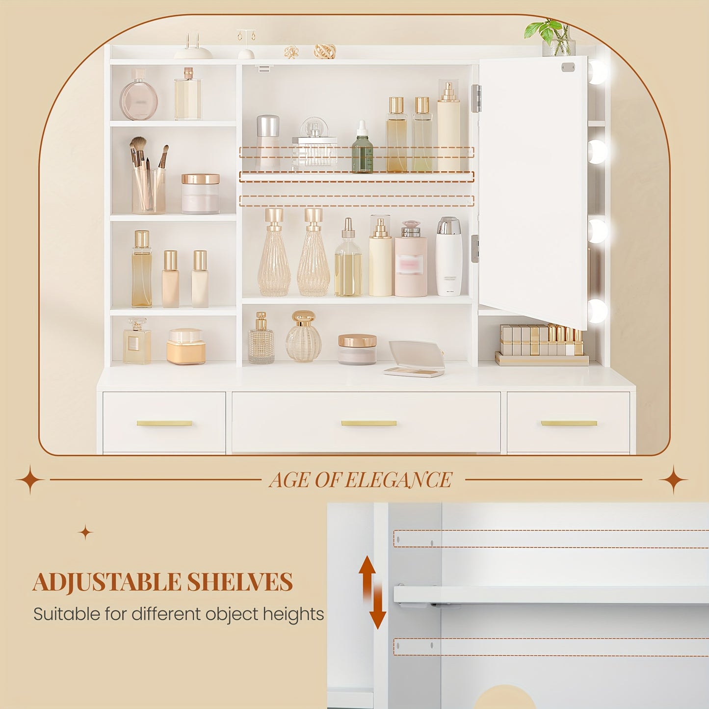 Table de Toilette avec Miroir, Équipée de 10 Lumières LED, Luminosité Réglable, 5 Tiroirs, 2 Meubles, et 9 Étagères Ouvertes, Incluant des Étagères Disposées, Convient pour une Chambre à Coucher, Mesurant 40 × 108 × 144 Cm, en Blanc