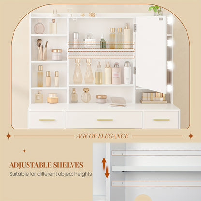 Table de Toilette avec Miroir, Équipée de 10 Lumières LED, Luminosité Réglable, 5 Tiroirs, 2 Meubles, et 9 Étagères Ouvertes, Incluant des Étagères Disposées, Convient pour une Chambre à Coucher, Mesurant 40 × 108 × 144 Cm, en Blanc