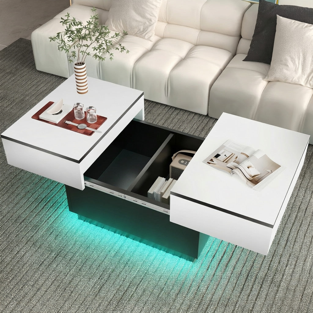 Table basse blanche, table de salon, table d'appoint avec 2 étagères de rangement, 80x58x40 cm, plateau extensible avec bande lumineuse RVB, meuble moderne pour salon, salle de conférence