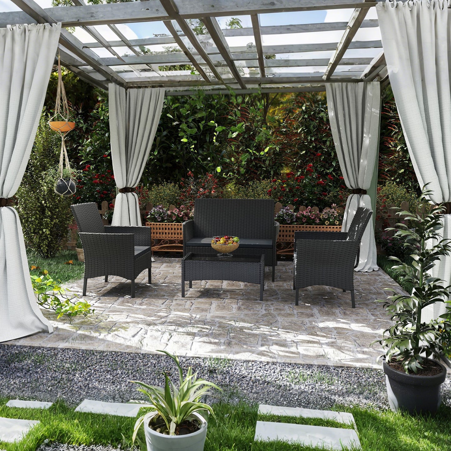 Ensemble de mobilier de jardin en rotin poly pour balcon - canapé 2 places, chaises individuelles et table avec coussins d'assise anthracite - choix de couleur salon (coussins d'assise anthracite)