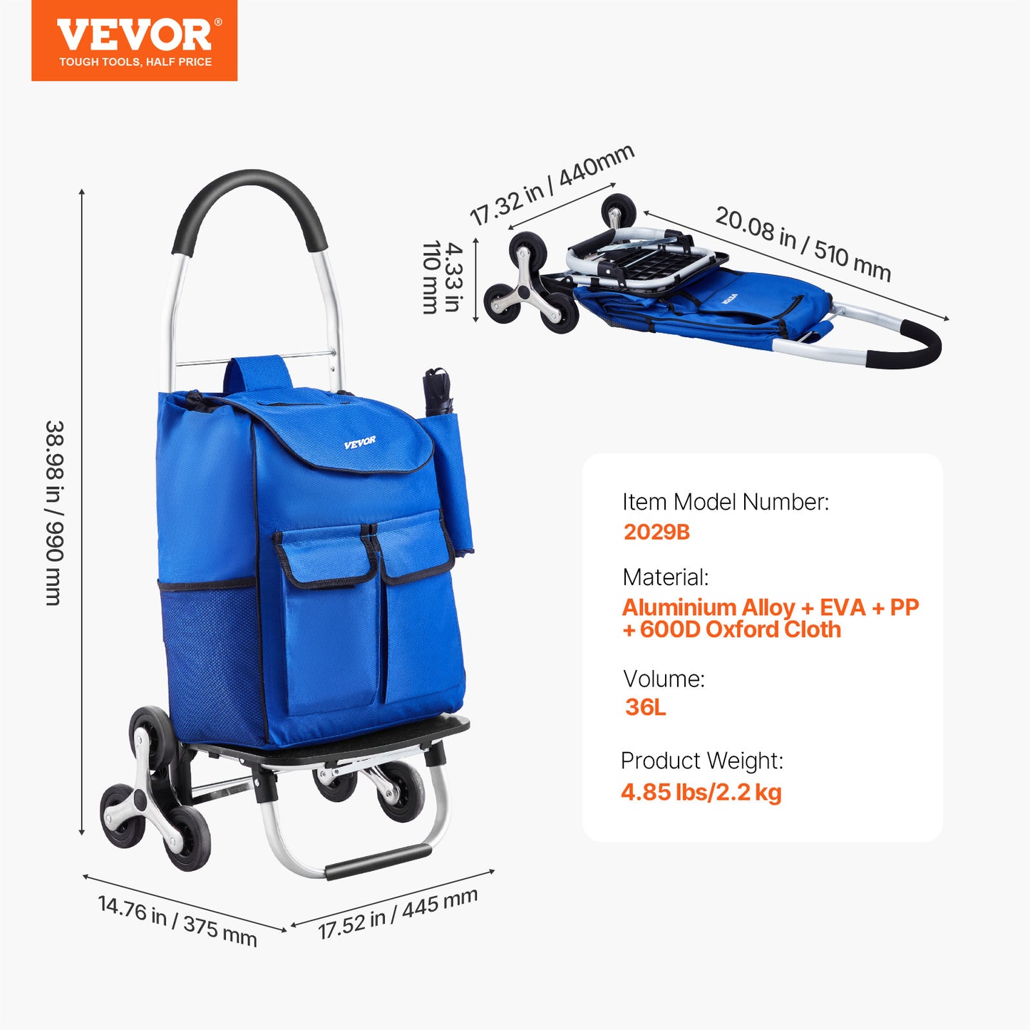 VEVOR Stair Climbing Cart Poussette Pliante 36L avec 6 roues Sac de rangement