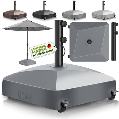 Tillvex® Support de Parasol GRAVIA avec Roues et Freins | Support de Parasol Remplissable 37 Litres / 56 kg | Adapté aux Parasols de Soleil et de Marché Ø 1,8-3,7 m | Roulable, Résistant aux Intempéries et aux UV pour Balcon, Terrasse, Jardin, Petits et G