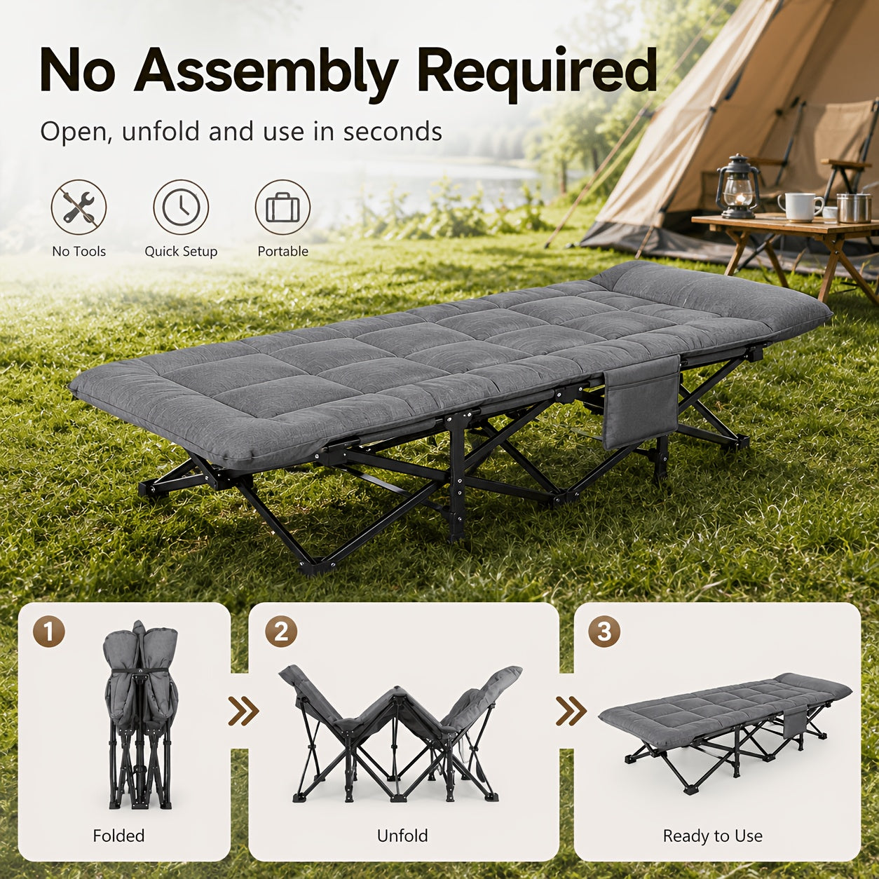 Lit de camping pliant gris, lit de camping rembourré portable, avec sac de rangement latéral, adapté aux jardins, aux cours, à la piscine et au camping, chaise longue d'extérieur inclinable pour le soleil