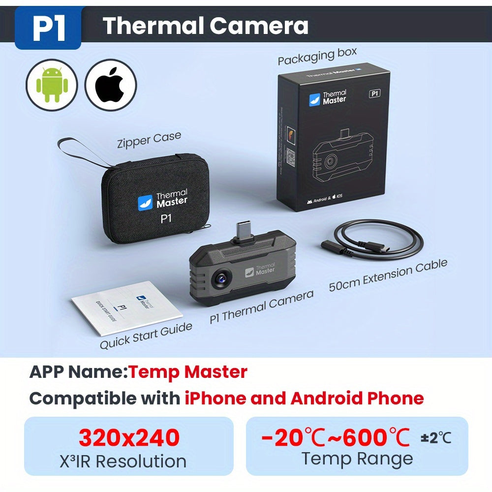 Caméra thermique à infrarouge Thermal Master P1, super résolution 320x340, compatible avec Android et iPhone, plage de haute température 600°C, fréquence d'images 25Hz, idéale pour les inspections résidentielles et la détection de fuites de tuyaux
