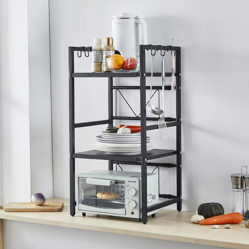 Étagère micro-ondes extensible à 3 niveaux, Organisateur d'armoire micro-ondes de comptoir de cuisine, Étagère micro-ondes en métal avec 6 crochets, Étagère de rangement d'organisation de cuisine réglable pour le stockage d'appareils de cuisine tels que l