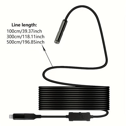 L'endoscope industriel est doté de 8 lumières LED, un outil haute définition pour l'inspection des tuyaux, une classification IP67, et est livré avec des câbles fixes disponibles en longueurs de 1M, 5M ou 10M. Il est compatible avec les smartphones iOS et