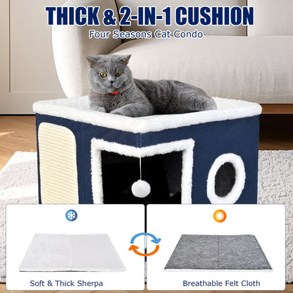Maison pour chat avec lits à 2 niveaux, tunnel de jeu, canapé pliable, griffoir et balle suspendue en peluche - Cadre en nylon durable, toile douce, conception fermée toutes saisons, cube de lit pour chat d'intérieur facile à assembler, unité de divertiss