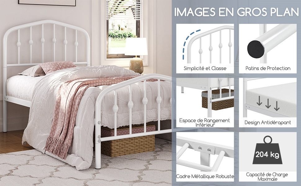 Costoffs Cadre de Lit Double en Métal Moderne - Avec Sommier à Lattes Métalliques - Espace de Rangement Sous-lit - Idéal pour Chambre, Dortoir ou Appoint - Style Industriel Intemporel