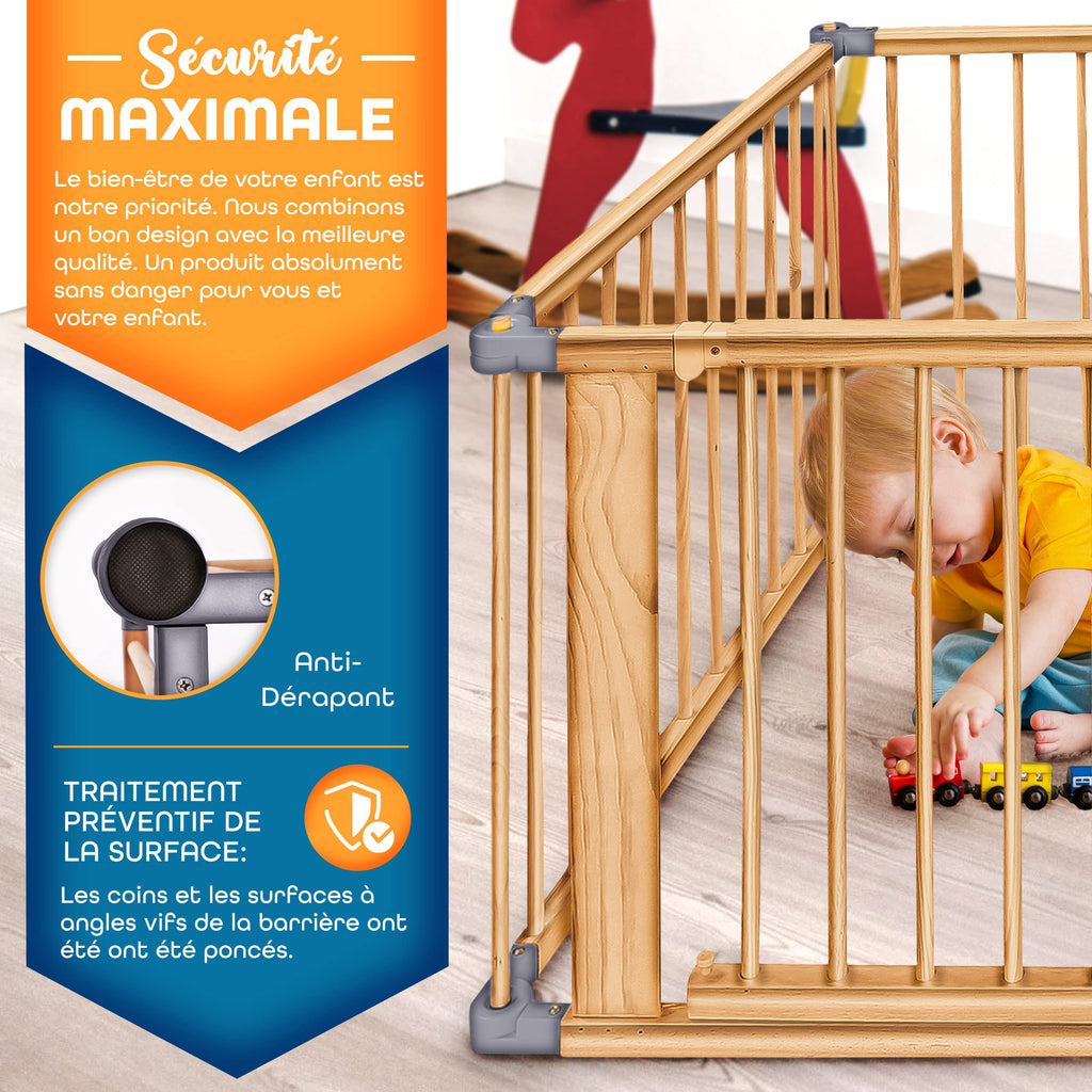 KIDUKU® Parc bébé pliable XXL de 7,2 mètres avec porte | Parc en bois avec double sécurité | Parc pliable pour enfants avec 8 éléments