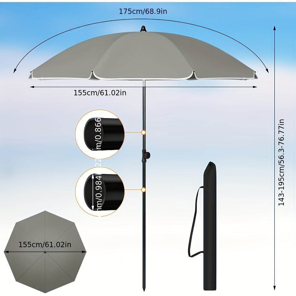 1 parasol de plage, parasol de balcon, protection UV, parasol à 8 baleines, stable, réglable, pliable à 45°, poids 180G/M², bloque efficacement les rayons UV, portable, compagnon idéal pour les voyages de camping et les journées à la plage