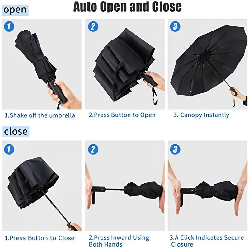 MEI QI LIN Parapluie de Golf Compact de Voyage avec 10 Baleines, Ouvre/Ferme Automatique, Léger et Portable pour Usage Extérieur, Auvent 10% Plus Grand, Cadre Durable, Idéal pour Hommes et Femmes, S'adapte à un Sac à Dos ou une Bourse