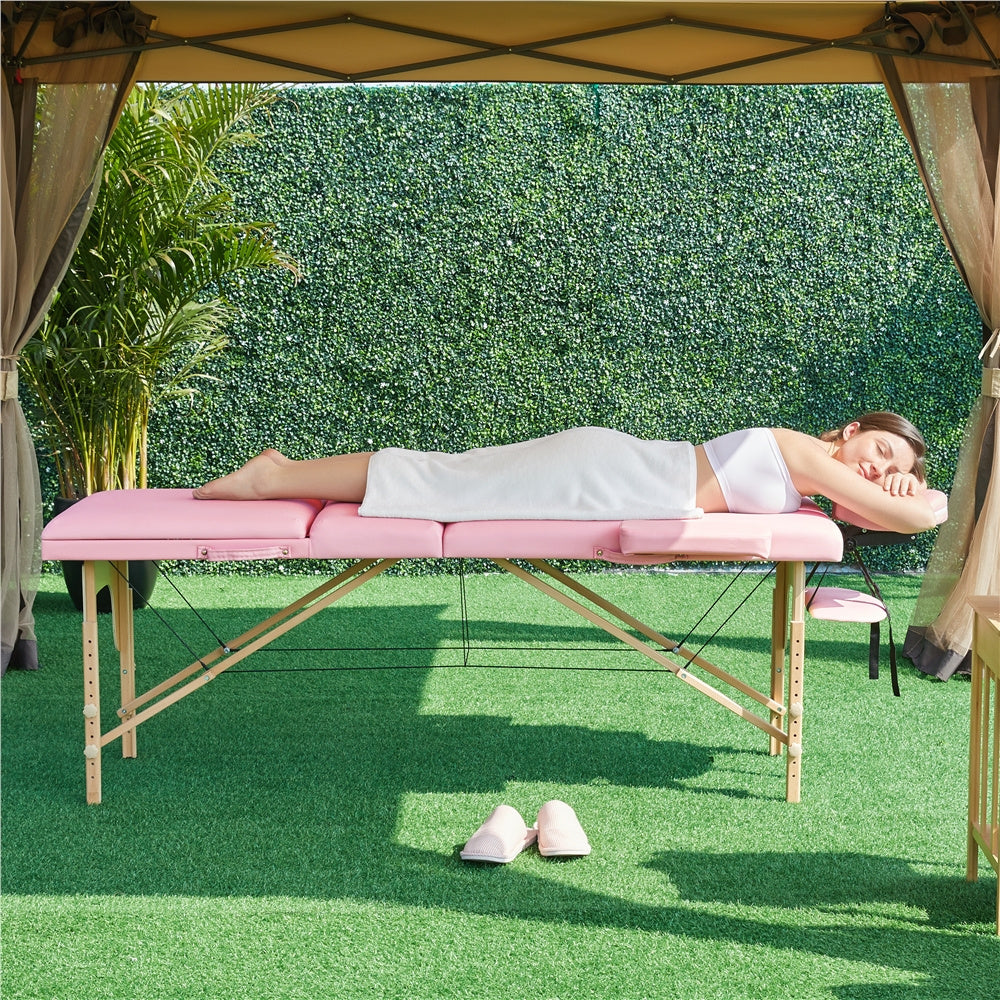 Costoffs Table de Massage Professionnelle 3 Sections Pliable - Hauteur Réglable (8 Niveaux) - Structure en Bois de Hêtre Rose Massif 250kg - Avec Dossier/Têtière/Repose-bras - Pour Clinique, Domicile, Salon de Beauté & Spa