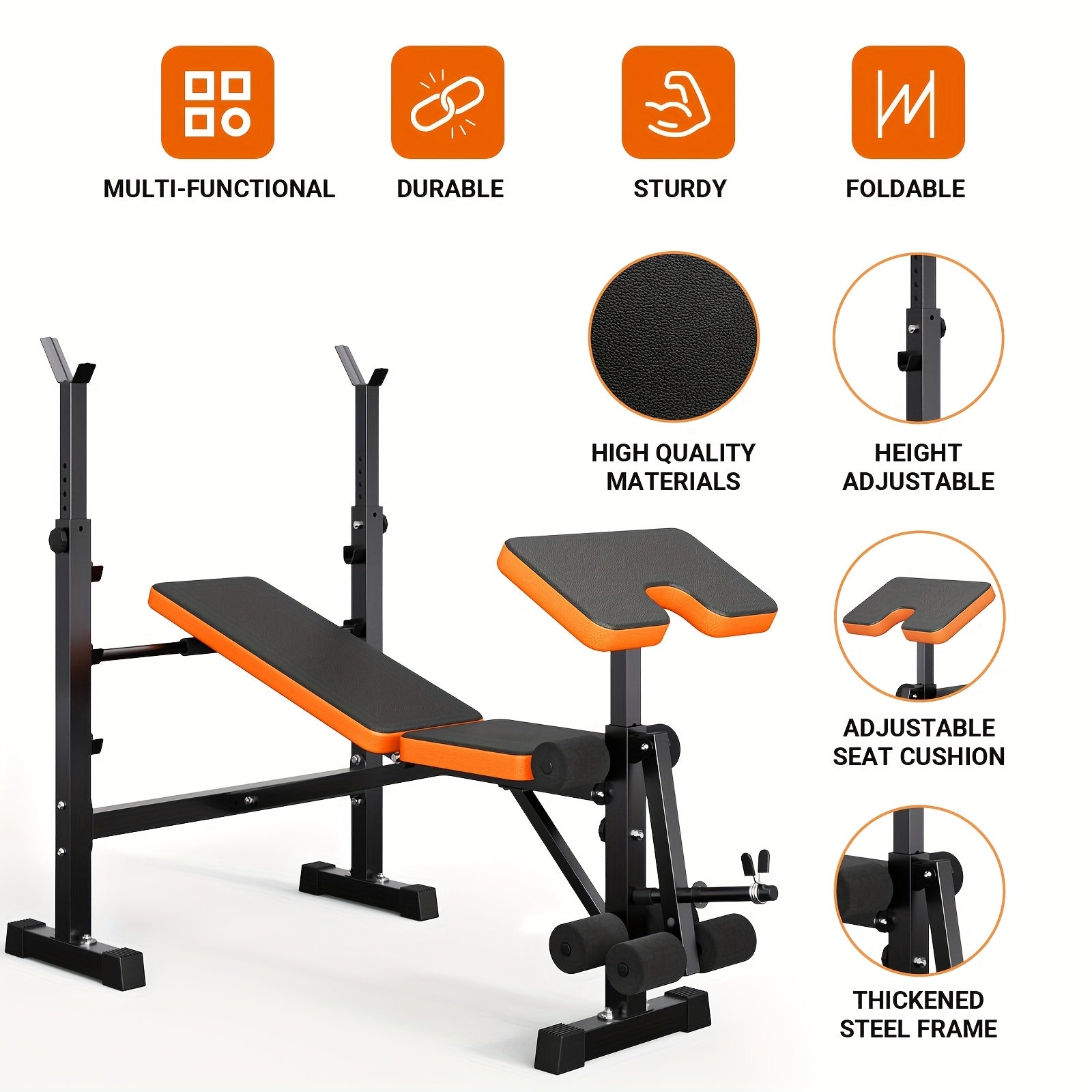 Ensemble de banc de musculation à poids réglable pesant 272.16 KG, comprenant un support de squat, un banc d'entraînement avec développeur de jambes et un preacher curl, conçu pour une utilisation en salle de sport à domicile en noir et orange