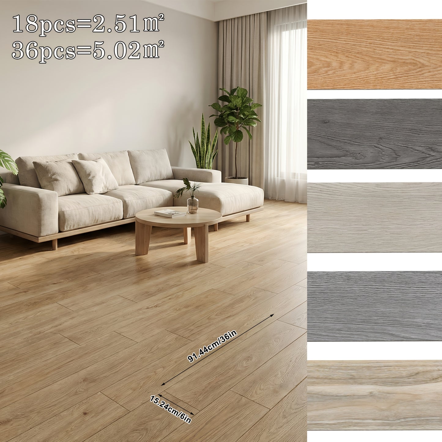 Revêtement de sol en vinyle PVC 18-36 pièces, carreaux de vinyle auto-adhésifs, chêne optique, 2,5-5 m²
