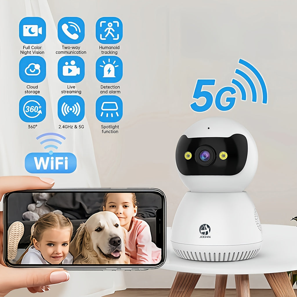 Caméra de sécurité sans fil pour la maison WiFi double bande 2.4G/5G ! Rotation à 355°, détection humaine, vision nocturne en couleur, alertes en temps réel et audio bidirectionnel. Surveillance à distance via smartphone, idéale pour la surveillance des a