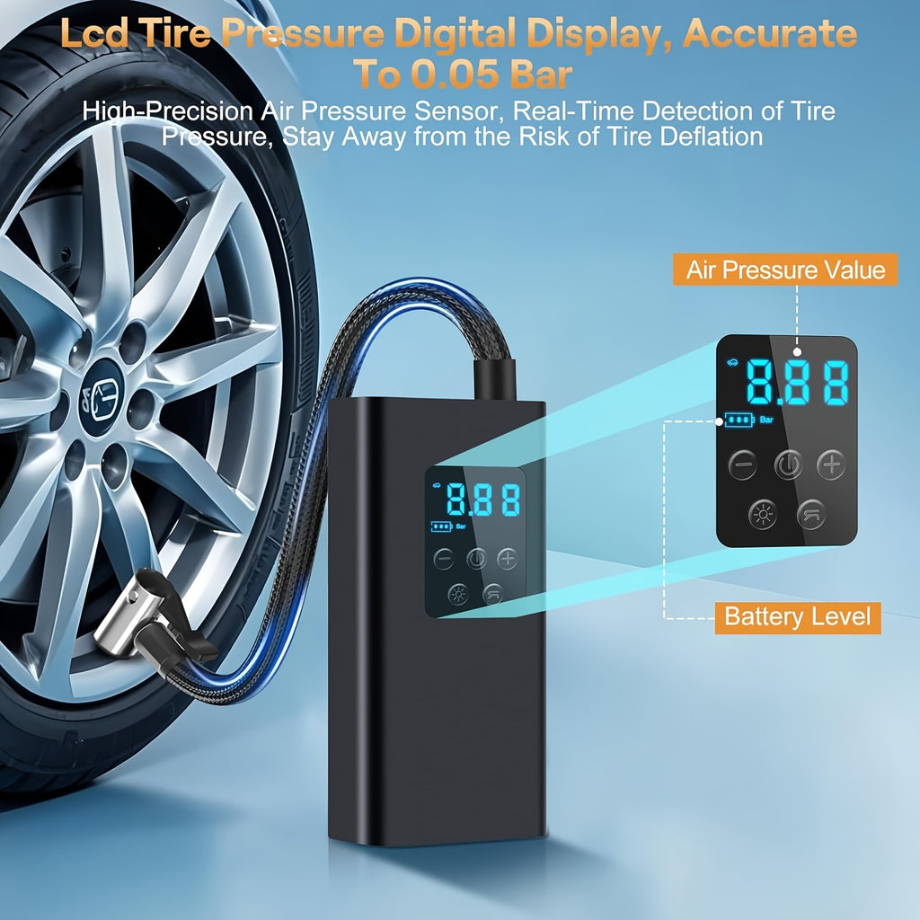 Compresseur d'air portable avec 3 batteries rechargeables, écran LCD, lumière LED et mode SOS - Idéal pour voitures, motos et vélos