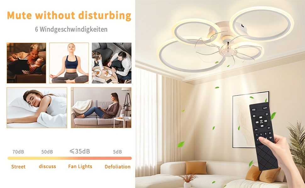 Plafonnier Ventilateur Moderne LED 6 Vitesses Dimmable avec Ventilateur, Luminaire de Plafond Dimmable à Température Variable avec Ventilateur, Idéal pour Chambre, Salon, Salle à Manger