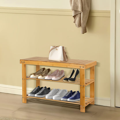 Tabouret à chaussures en bambou de 70*27*42 cm, un article ménager polyvalent et facile à utiliser avec un support de rangement à deux niveaux et un banc à chaussures, conçu de manière compacte pour une utilisation dans les salons et les balcons