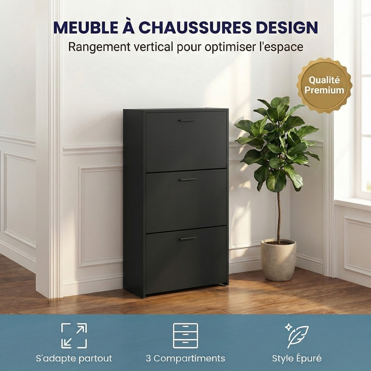 Meuble à chaussures avec 3 compartiments à abattant, armoire de rangement en bois pour jusqu'à 18 paires, organisateur d'entrée peu encombrant