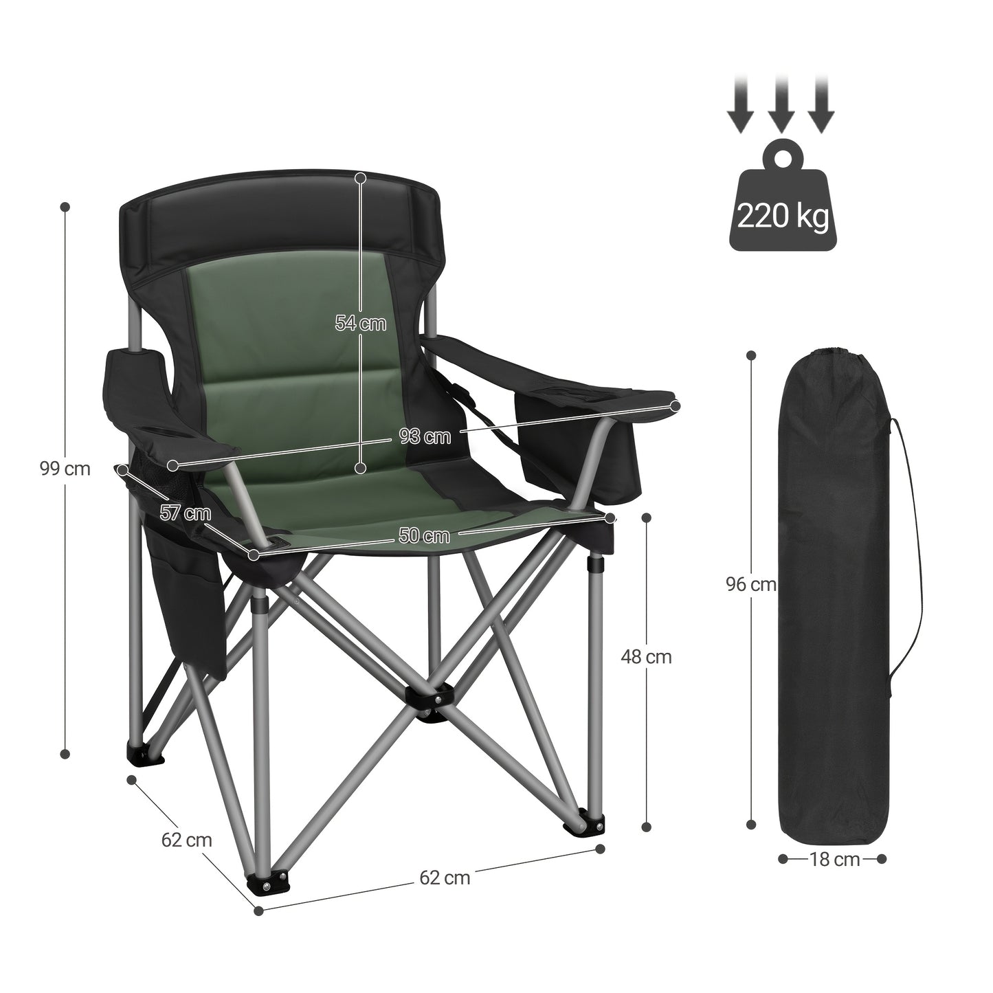 Chaise de camping, capacité 220 kg, chaise de camping pliante avec sac isotherme, porte-gobelet, sac de transport, dossier haut, confortablement rembourrée, chaise de pêche, chaise pliante pour jardin, balcon, plage, noir et vert/noir et gris/noir et oran
