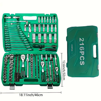 Lot de 216 et 53 pièces, trousse d'outils mécanique professionnelle haut de gamme, douilles standard et de profondeur 1/2" * 1/4" 3/8" drive, clé à cliquet, clé dynamométrique, pour réparation auto pièces et outillage mécanique ménager, outils réparation