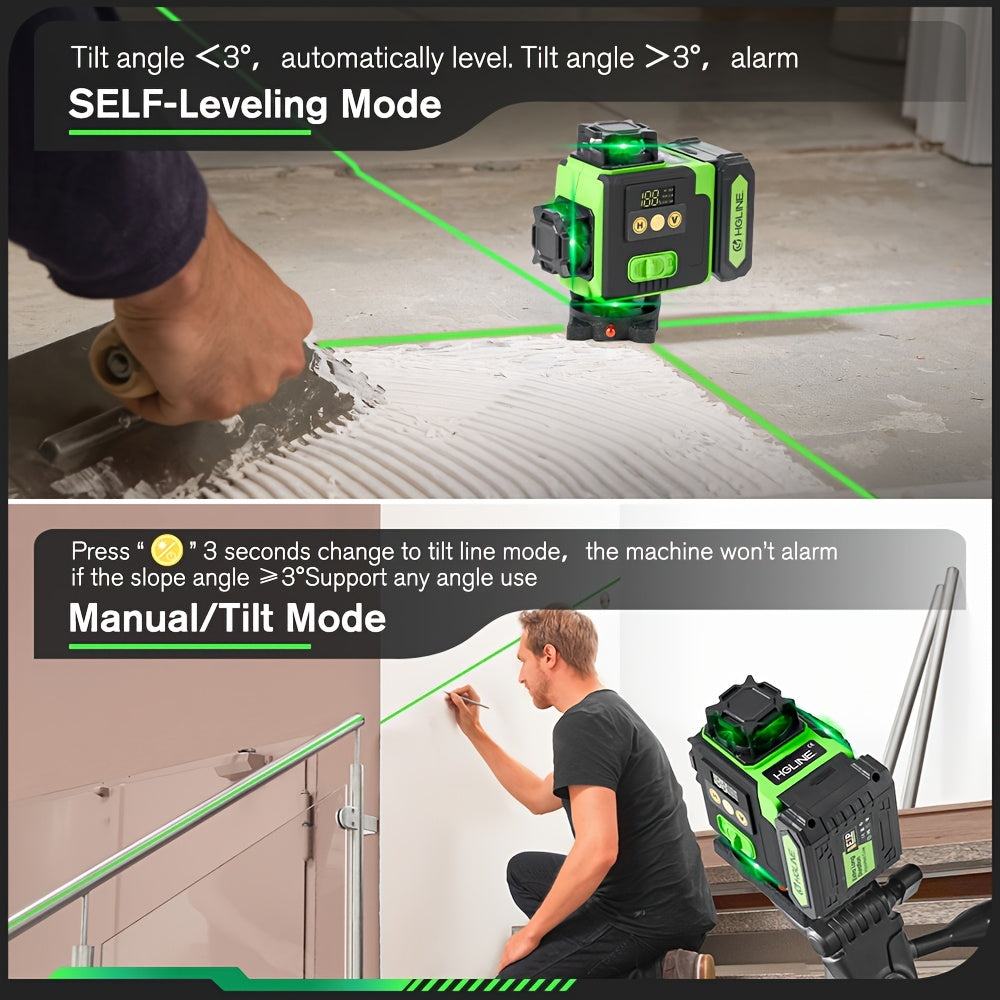 1 Ensemble Niveau Laser 16 Lignes 360 Nivellement Automatique, Outil de Niveau Laser à Ligne Croisée Verte 4X360° pour la Construction et la Suspension de Tableaux, Niveau Laser 4D avec 2 Batteries Rechargeables