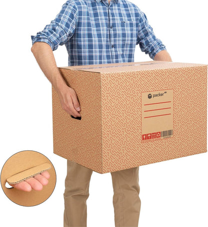 Boîte en carton ultra-résistante pour déménagement et stockage avec poignées, fabriquée en carton rigide, idéale pour le déménagement ou le stockage de livres et de vêtements, transport confortable et sûr grâce aux poignées latérales - Packer PRO