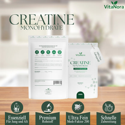 Creatine Monohydrate en Poudre 500G - Pack en Vrac avec Environ 100 Rations à 5G - Micronisé (Maille 200) - La Créatine Augmente la Performance Physique Lors d'Exercices de Haute Intensité de Courte Durée - Végan, Pur et Sans Additifs.