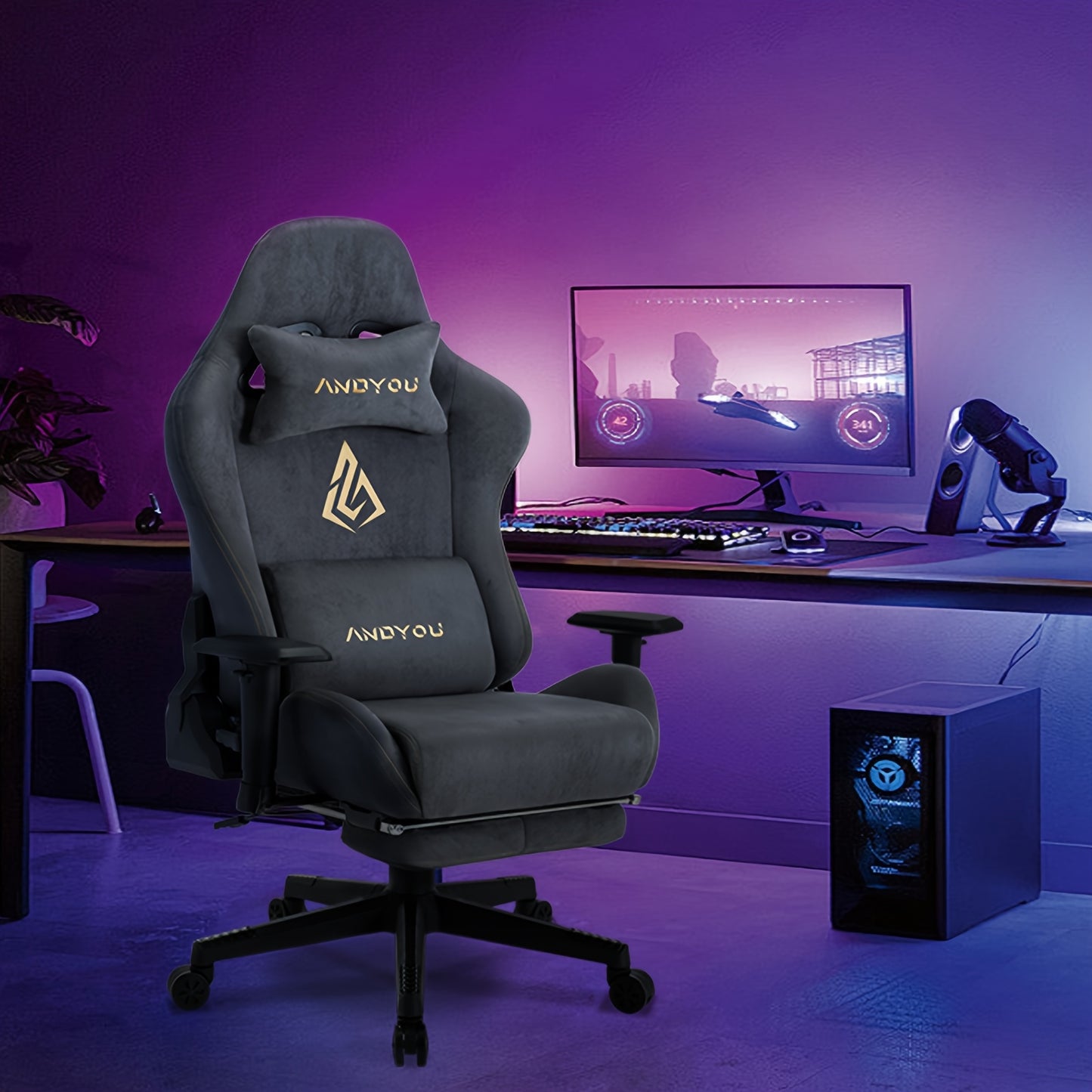 ANDYOU Chaise Gaming, Chaise de Bureau Respirante, Tissu de Haute Qualité Doux et Similar à la Fourrure Synthétique. Chaise PC Ergonomique, Chaises de Travail Pivotantes Réglables avec Repose-Pieds