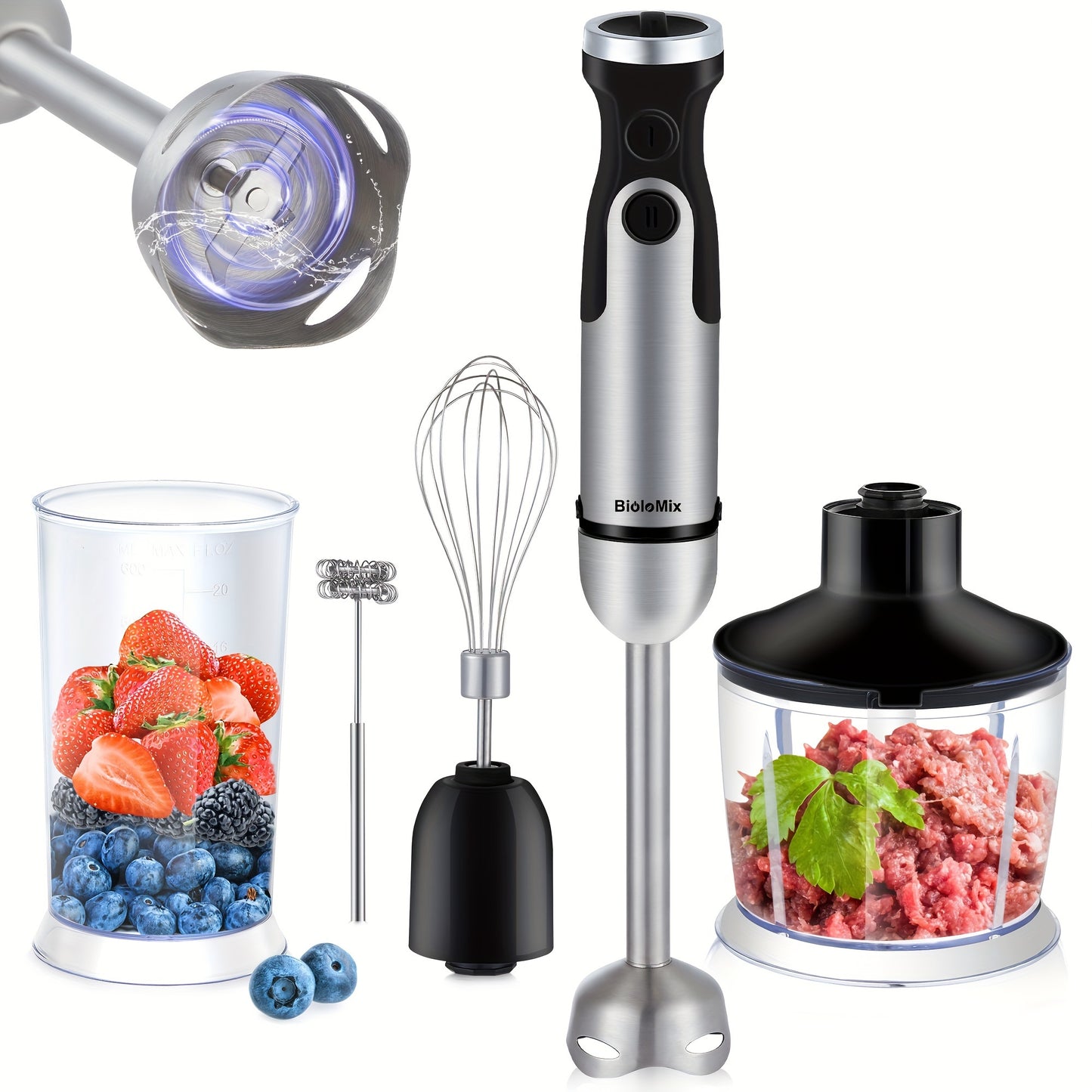 Biolomix Mixeur Plongeant 5-en-1 - Robot Culinaire avec Hachoir à Viande, Coupe-Légumes, Fouet et Gobelet à Smoothie