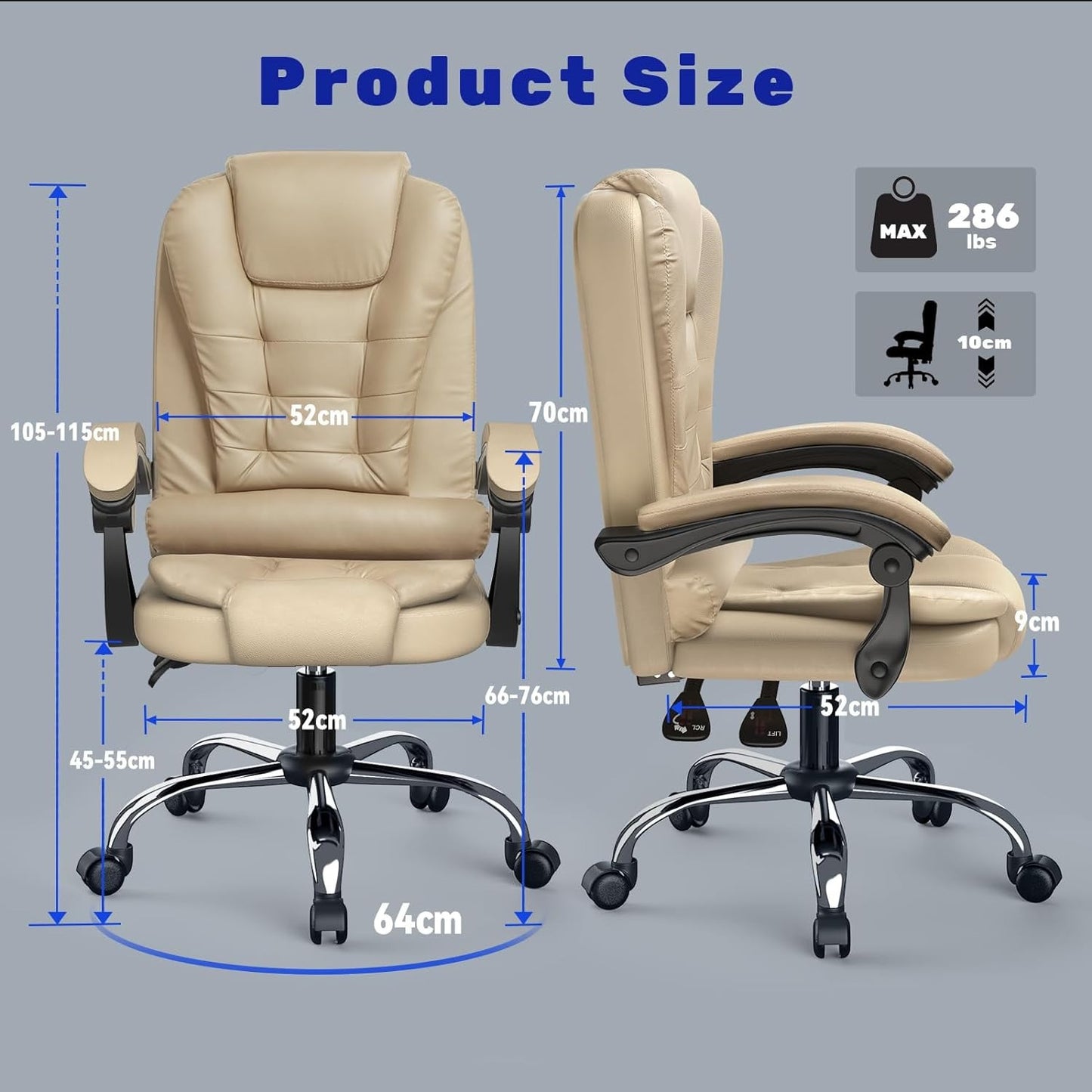 Chaise de bureau exécutive haute dossier, chaise de bureau ergonomique inclinable avec fonction d'inclinaison, chaise d'ordinateur robuste pour le travail à domicile