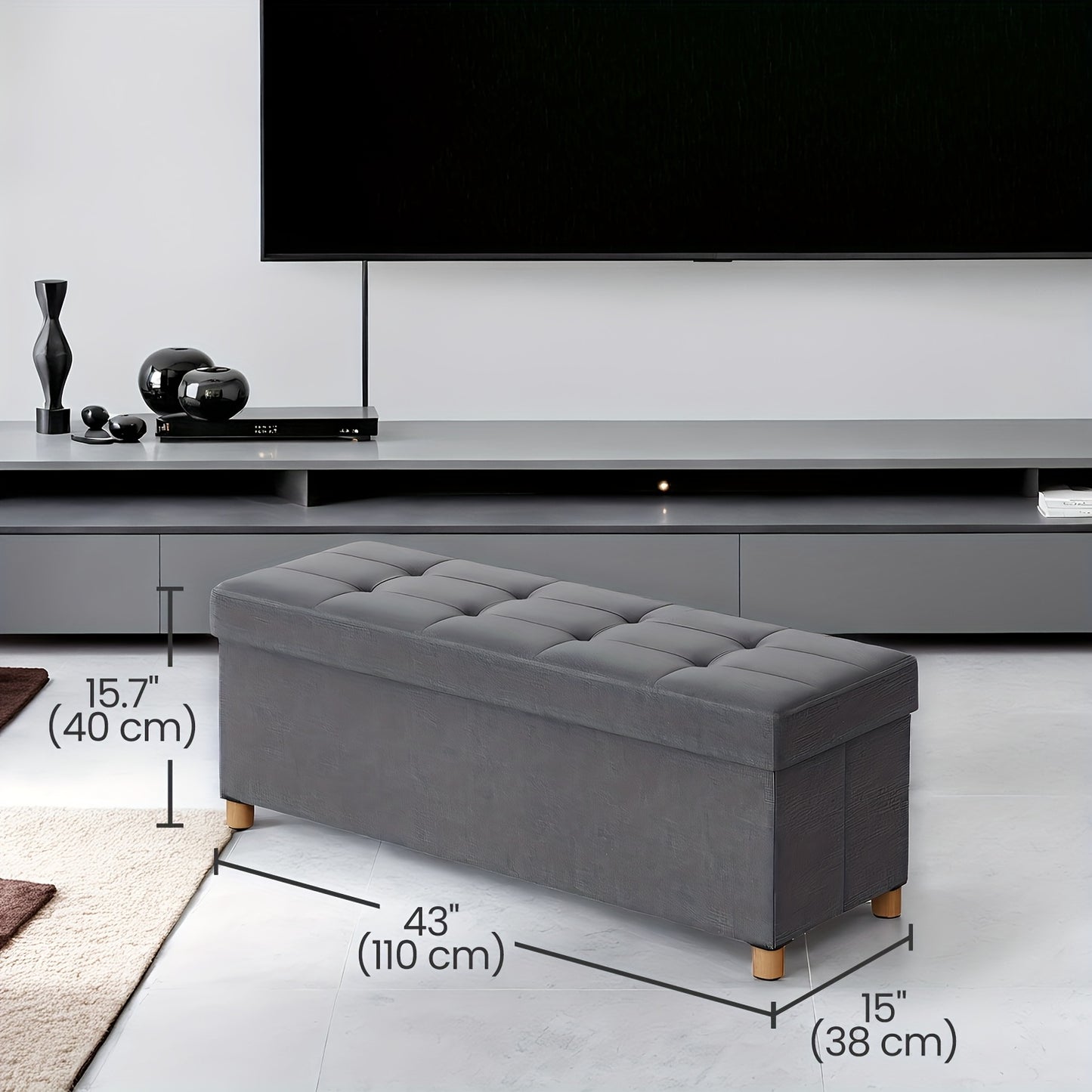 Banquette Ottoman de Rangement, Repose-Pieds Pliable avec Pieds en Bois Massif, 38 x 110 x 40cm, Banquette pour Fin de Lit, Salon, Chambre à Coucher, Entrée