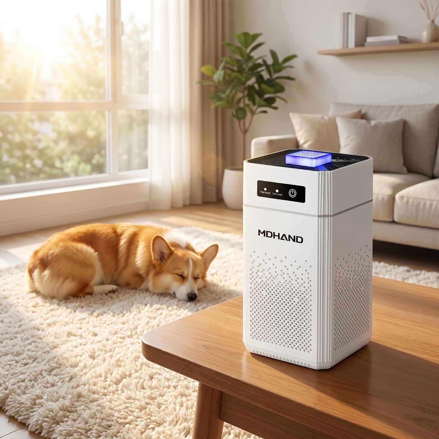 Purificateur d'air portable à faible niveau sonore avec filtre HEPA, idéal pour un usage domestique. Trois vitesses réglables et élimination efficace des allergènes, de la fumée, de la poussière, des squames d'animaux et des odeurs. Parfait pour purifier