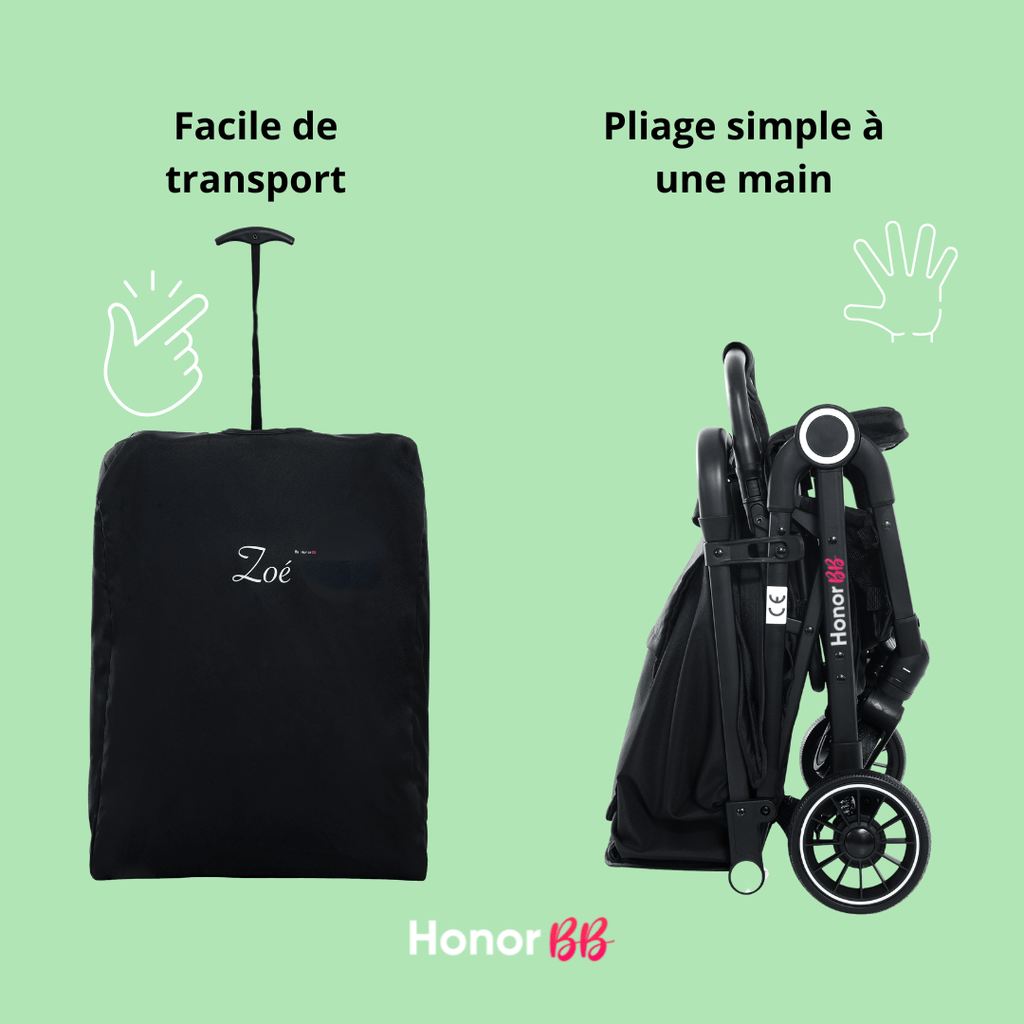 HonorBB ZOA Poussette Canne Bébé Légère et Compacte, 0-3 Ans, 0-15 kg, 3 Positions Inclinables, Pliage Automatique, Bandoulière, Moustiquaire et Protection Pluie Offerts – Essential Black
