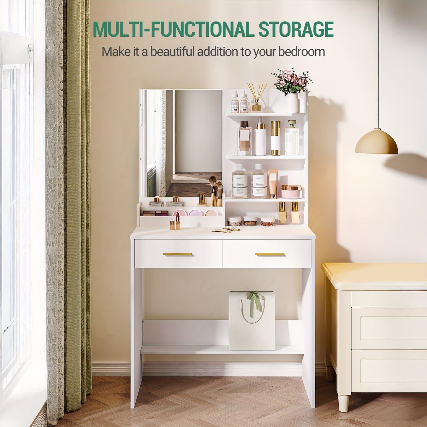 Bureau à vanité avec miroir, un meuble avec quatre étagères ouvertes et deux compartiments, ainsi que deux tiroirs, idéal pour la chambre ou le salon, couleur blanc