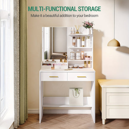 Bureau à vanité avec miroir, un meuble avec quatre étagères ouvertes et deux compartiments, ainsi que deux tiroirs, idéal pour la chambre ou le salon, couleur blanc