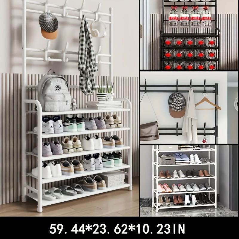 Porte-chaussures de Rangement - Porte-manteau Gain de Place, Porte-chaussures à 5 Niveaux avec 8 Crochets, Structure Robuste en Métal/Plastique Doré, Conception Autoportante ou Murale pour Maison, Bureau et Magasin - Convient pour Ranger Chaussures, Mante