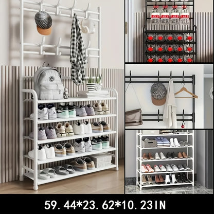 Porte-chaussures de Rangement - Porte-manteau Gain de Place, Porte-chaussures à 5 Niveaux avec 8 Crochets, Structure Robuste en Métal/Plastique Doré, Conception Autoportante ou Murale pour Maison, Bureau et Magasin - Convient pour Ranger Chaussures, Mante