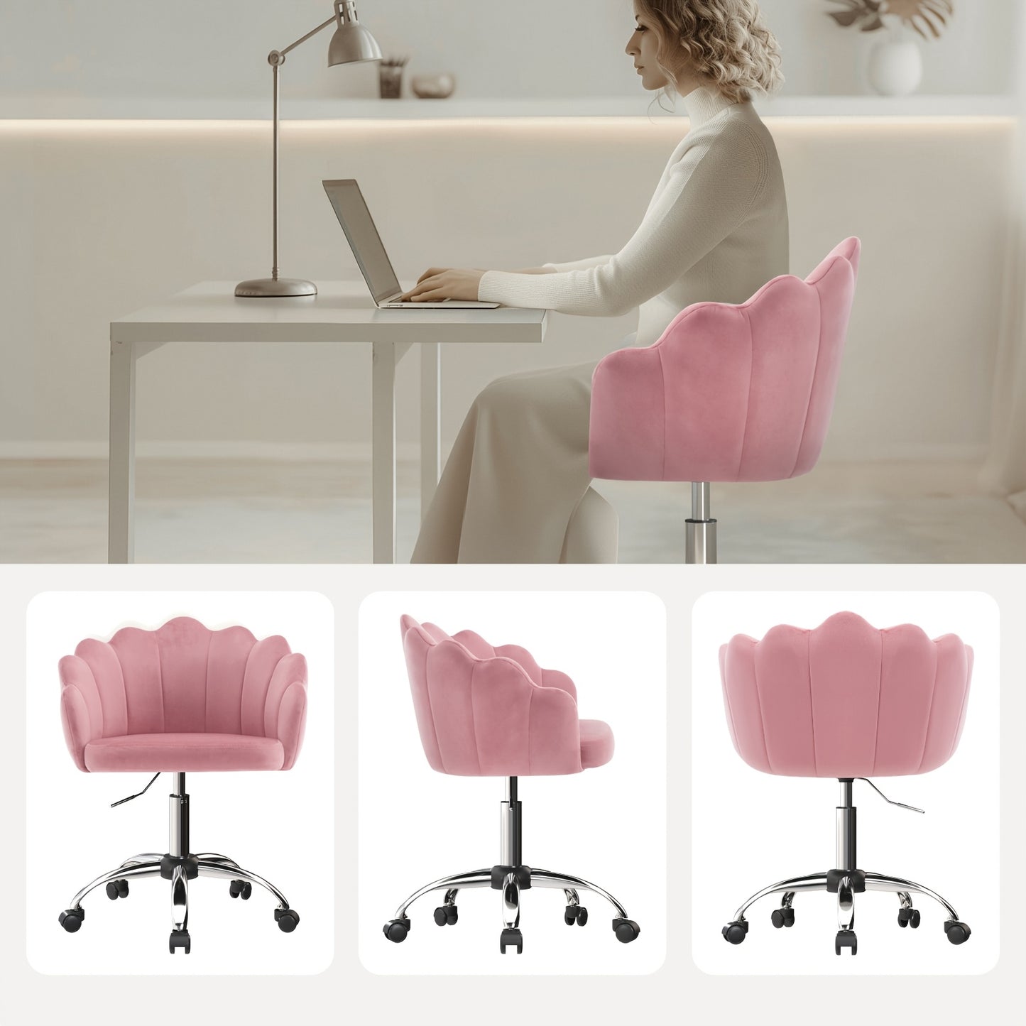 1pc Chaise de Bureau Maison, Chaise de Bureau, Chaise de Cosmétique, Chaise en Velours avec Dossier en Forme de Pétale - Confortable et Belle, Chaise Pivotante avec Roulettes, Hauteur de Chaise Réglable, Base en Métal, Facile à Assembler