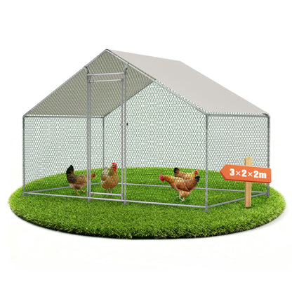 Poulailler 3X2M Cage à Poulets Enclos Extérieur pour l'Élevage en Liberté, Enclos Extérieur avec Serrure de Sécurité, Filet Revêtu et Toit en PE, Enclos pour Poulets, Canards, Lapins et Autres Petits Animaux.