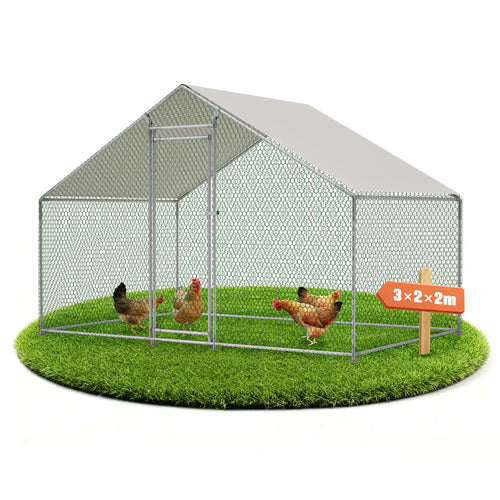 Poulailler 3X2M Cage à Poulets Enclos Extérieur pour l'Élevage en Liberté, Enclos Extérieur avec Serrure de Sécurité, Filet Revêtu et Toit en PE, Enclos pour Poulets, Canards, Lapins et Autres Petits Animaux.