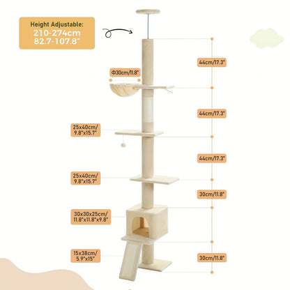 PAWZ Road Arbre à Chat du Sol au Plafond à Hauteur Réglable de 216 cm à 273 cm, Tours pour Chats avec Espace d'Activité Spacieux, Hamac et Cabane pour Chat, Ceinture -Chute, 5 Niveaux