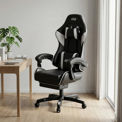 Fauteuil de gaming ergonomique avec rembourrage à ressorts ultra-doux, chaise de bureau avec appui-tête et soutien lombaire, inclinaison et repose-pieds réglables, en simili-cuir durable, cadeaux pour petit ami