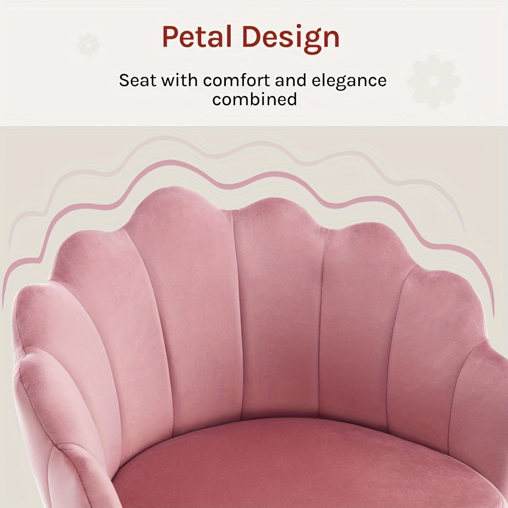 1pc Chaise de Bureau Maison, Chaise de Bureau, Chaise de Cosmétique, Chaise en Velours avec Dossier en Forme de Pétale - Confortable et Belle, Chaise Pivotante avec Roulettes, Hauteur de Chaise Réglable, Base en Métal, Facile à Assembler