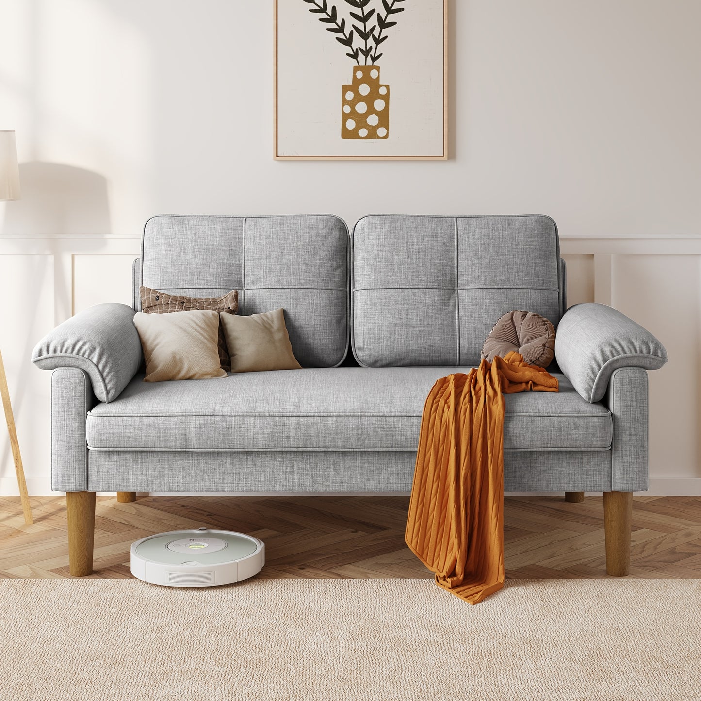 Petit canapé 2 places avec accoudoir et poche latérale, canapé 2 places avec dossier épais et éponge épaissie, pour le salon/chambre/chambre d'amis/home cinéma/bureau, 144 x 77 x 77 cm (gris foncé/gris clair)
