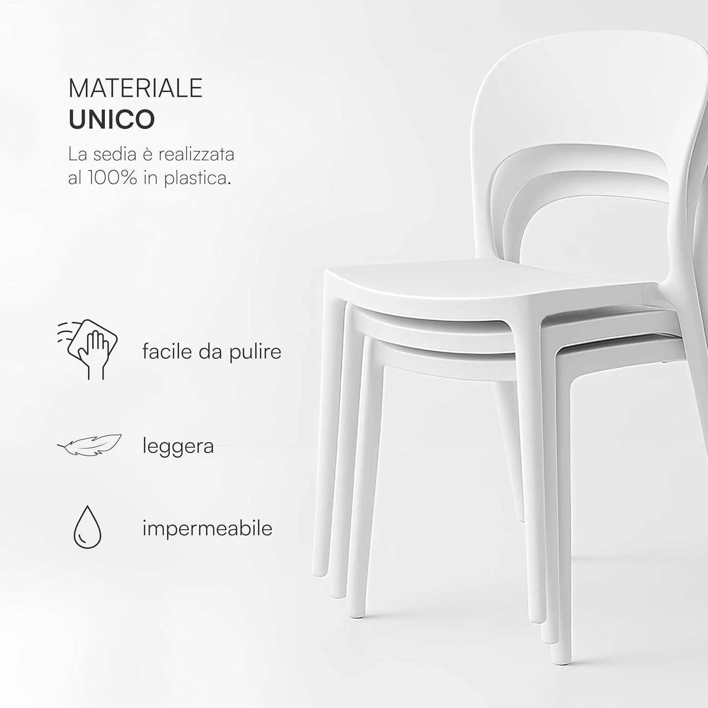 Baroni Home Lot de 4 chaises en plastique blanc – Empilables, prêtes à l'emploi sans assemblage requis, faciles à nettoyer, avec pieds antidérapants pour une stabilité accrue – Idéales pour cuisine, salon, salle à manger, jardin, terrasse ou balcon – Assi