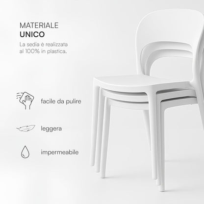 Baroni Home Lot de 4 chaises en plastique blanc – Empilables, prêtes à l'emploi sans assemblage requis, faciles à nettoyer, avec pieds antidérapants pour une stabilité accrue – Idéales pour cuisine, salon, salle à manger, jardin, terrasse ou balcon – Assi