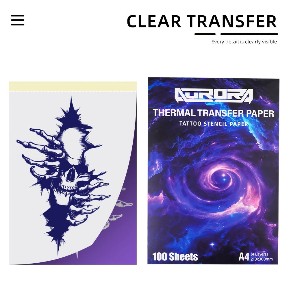 Papier Thermique de Transfert de Tatouage Aurora, Format A4, Papier de Transfert de Haute Qualité, Compatible avec la Plupart des Machines de Transfert de Tatouage, Transfert de Motif Clair, Convient aux Débutants en Tatouage et aux Tatoueurs