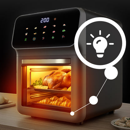 Friteuse à air sans graisse 12L, four multifonctionnel 1350W, 10 modes de cuisson, écran LED tactile, contrôle du temps et de la température 80-200°C, circulation d'air chaud, fenêtre de visualisation avec éclairage, nettoyage facile, ensemble avec gant e